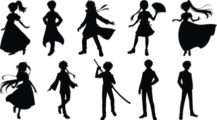 Vector illustration of anime character silhouettes in dynamic poses with accessories, showcasing expressive movement, creativity, personality, and artistic design. © Md nasir