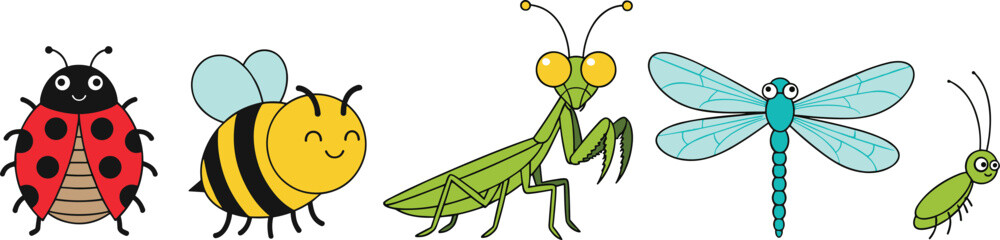 Cute Insects Vector Set &ndash; Ladybug, Bee, Praying Mantis, Dragonfly, and Grasshopper for Kids' Nature and Garden Designs