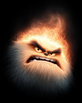 Fiery Furry Creature: A creature with fiery hair and an angry expression, radiating intense emotions against a dark backdrop.