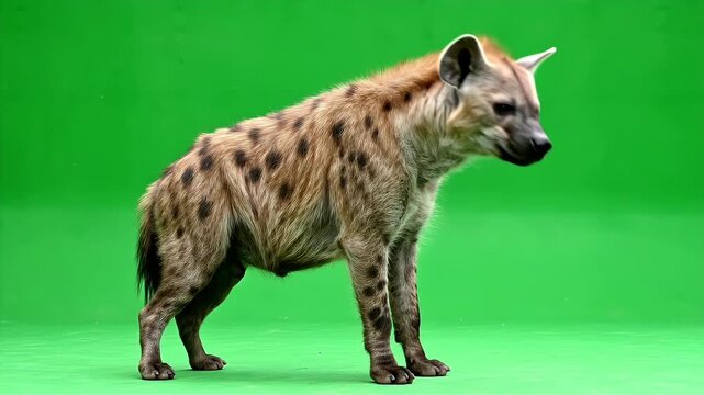 Spotted Hyena Standing Still on a Bright Green Background Showing its Full Body Texture and Sloped Back Posture