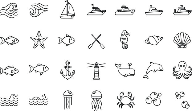 Professional vector icon set of nautical and marine symbols and logos