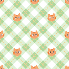 Cute Orange Cat Seamless Pattern on Pastel Green Checkered Background