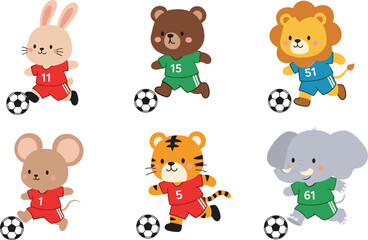 Fototapeta premium Adorable Soccer Animals Vector Set – Bunny, Bear, Lion, Tiger, Elephant, and Mouse Playing Football for Kids’ Sports and Activity Designs