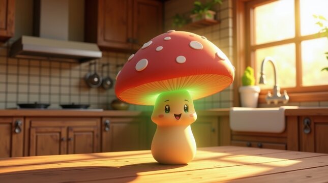 Personaje de hongo de dibujos animados en 3D con una gorra suave y redondeada y una dulce cara sonriente