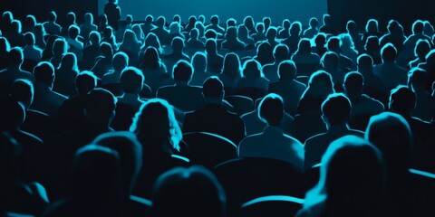 Obraz premium A crowd of people sitting inside a dark theater watching a show or movie.