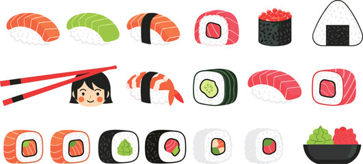 Sushi Variety Vector Illustration Set with Nigiri, Maki Rolls, Onigiri, Salmon Slices, Chopsticks and Wasabi Bowl Collection © Daloara PNG Store