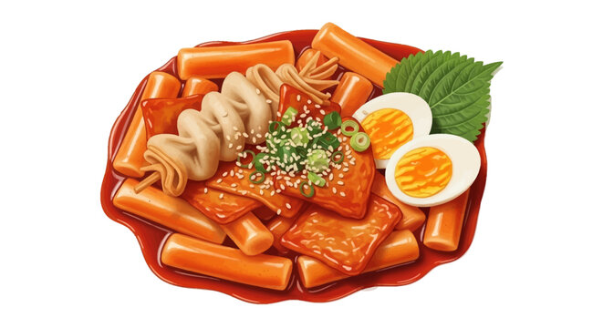 Korean tteokbokki rice cakes with eggs and perilla leaf