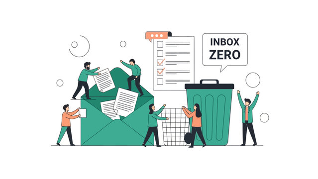 Business team organizing emails to achieve inbox zero in modern flat illustration symbolizing digital productivity and workflow efficiency