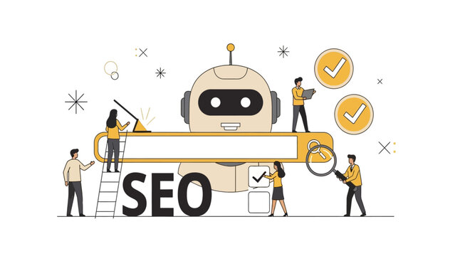 Business team working with AI robot on SEO optimization in modern flat illustration symbolizing digital marketing and search engine strategy