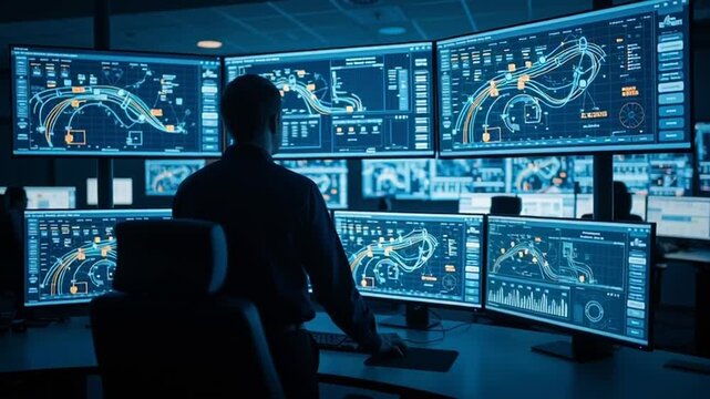 A man in a dark room works intently on a computer surrounded by multiple screens displaying complex data and video feeds.