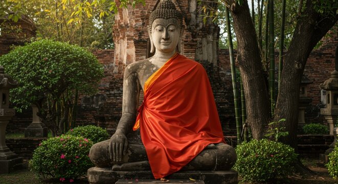 緑豊かな庭園に座るオレンジ色の衣をまとった仏像