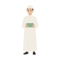 Muslim man holding a green gift box or hampers box flat vector