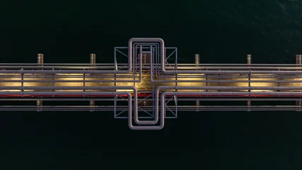 Selbstklebende Fototapeten Altes Krankenhaus Beelitz Aerial view industrial oil and gas pipeline system, Energy industry pipeline structure oil and gas refinery, Industrial pipeline system petrochemical plant refinery, Petrochemical pipeline network.  © Kalyakan