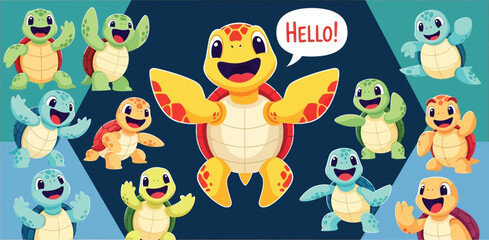 Collection of colorful cartoon sea turtle characters waving hello © Sadew