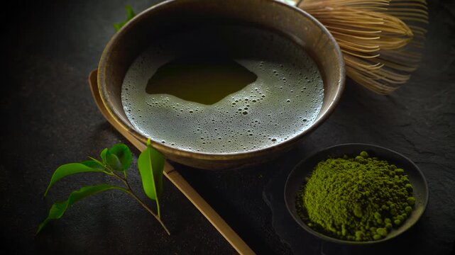 Matcha Tea Composition with tea powder, whisk amd bamboo spoon