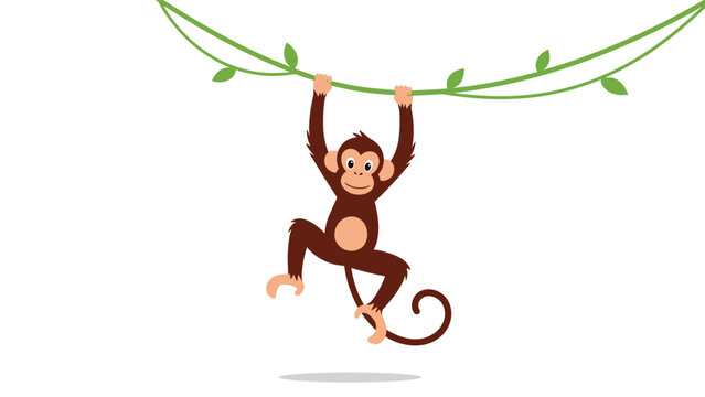 Mischievous monkey hangs upside down from a jungle vine with its tail curled in a lush tropical forest environment.