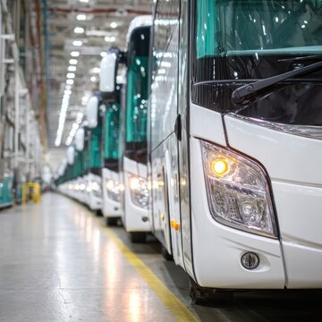 Row of white buses parked inside a large industrial facility near yellow line