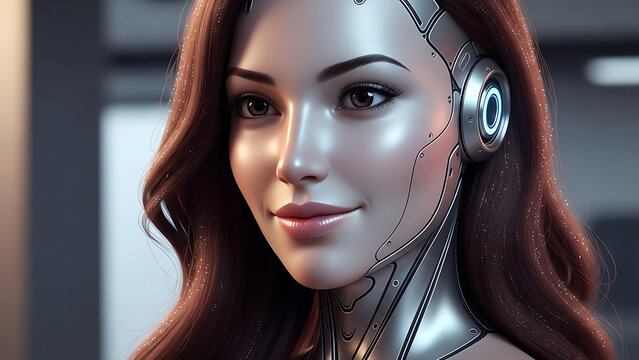 Futuristic Female Robot Portrait with Technological Earpiece in Modern Indoor Setting