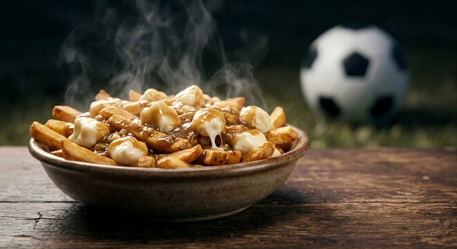 Steaming plate of authentic Canadian poutine fries in sharp focus on a rustic table, with a blurred soccer ball and pitch in the background.