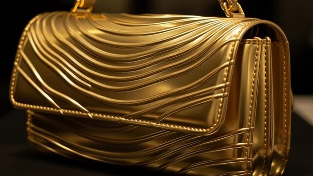 A luxurious gold handbag with a unique wavy design is showcased in this video.
