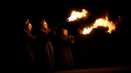 Panafest, Traditional Fire Performers with Masks Showcasing African Ritual Dance During Panafest Night Celebration