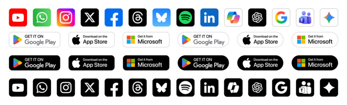 Download button pack with Google Play, App Store and Microsoft Store badges plus most popular social media logo icons in full color and black versions, editable vector, transparent background.