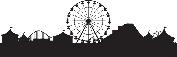 Black silhouette amusement park with ferris wheel white background