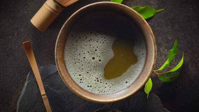 Top view of Matcha Tea Composition with whisk and bamboo spoon