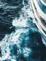 The ocean waves are calm as the cruise ship sails through the deep blue sea.