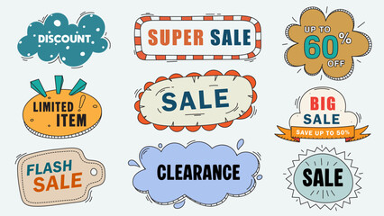 A clean vector illustration showing a colorful set of sale and discount labels and tags designed for shop promotions