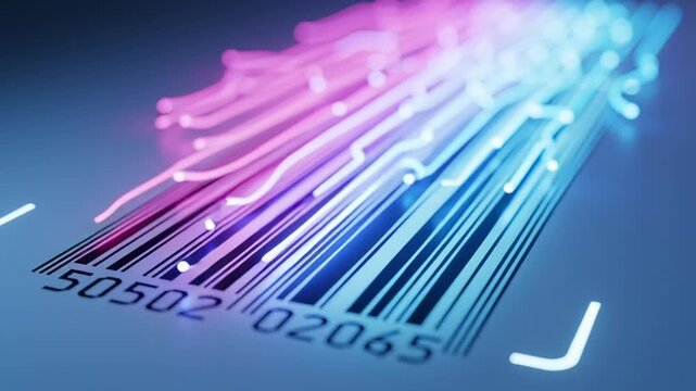 A video showcasing a futuristic array of colorful barcodes with glowing lines and numbers on a sleek blue background