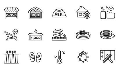 Thin Line Travel and Summer Market Icon Set with Farm, Resort and Weather Outline Symbols © Shukimon