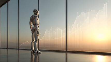 Fototapeta premium Digital enterprise leadership concept robot beside glass wall performance charts sunrise lighting