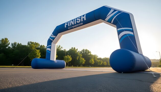 Blue inflatable finish line arch marking the completion of a city marathon race, symbolizing achievement and success concept, set against a bright morning sky