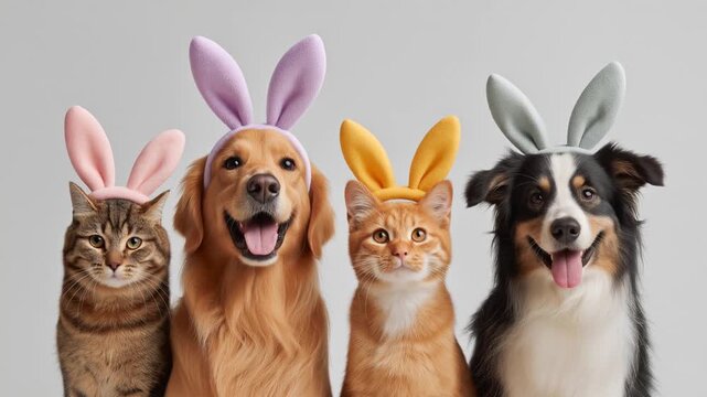 A row of happy cute dogs and cats wearing colorful Easter bunny ears sitting against white background, looking at camera