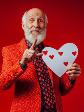 A man in a red suit holding a white heart with five red hearts on it. He is pointing to the heart
