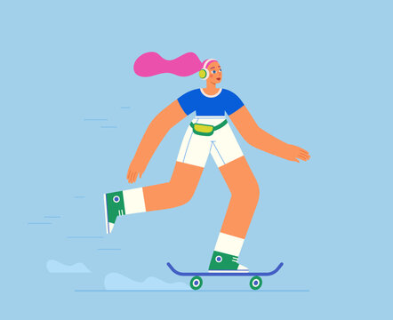 Cool teen girl riding skateboard in trendy streetwear outfit. Vector illustration.