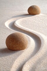 Obraz premium The tranquility of sand art with flowing lines and spheres on a beach.