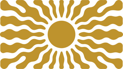 Gold stylized sunburst illustration featuring a central sun circle with wavy organic rays in a symmetrical retro radial pattern © CLOCK TIME