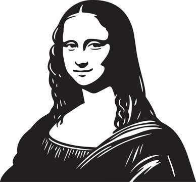 A black and white illustration of the Mona Lisa with a mysterious smile