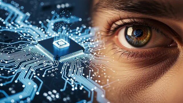 A close-up video of a human eye with a futuristic circuit board and microchip reflected in the iris, showcasing advanced technology and artificial intelligence.