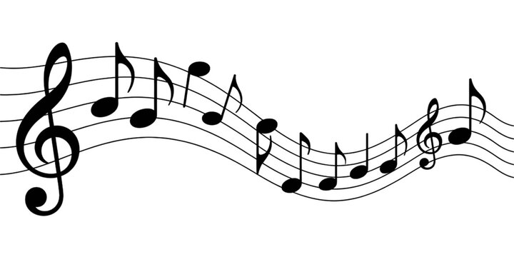 A flowing musical notation with treble clef and eighth notes in black and white isolated on transparent background