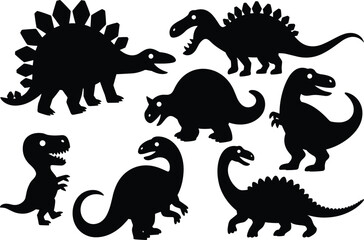 Black silhouette illustration of dinosaurs including Tyrannosaurus rex, Triceratops, Stegosaurus, and Sauropods representing prehistoric wildlife and ancient creatures © Hello There
