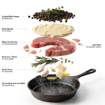 Ribeye Steak Exploded Cooking Diagram with Fat Cap Beef Tallow Garlic Herbs and Hot Cast Iron Skillet, Butcher Guide, Gourmet Preparation, Steakhouse Menu Concept