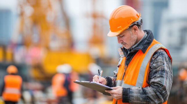 Construction worker reviewing documents