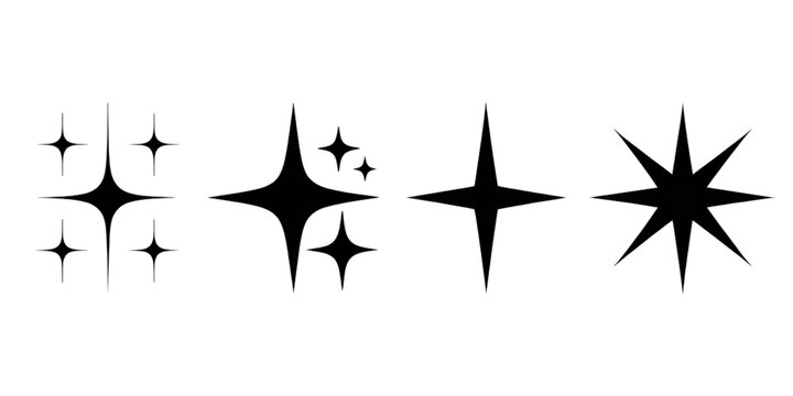 Four distinct star shapes with varying numbers of pointed rays and sizes isolated on transparent background