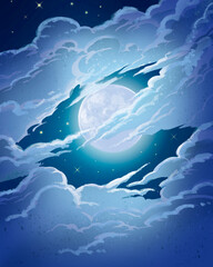 Night sky background illustration with moon and clouds