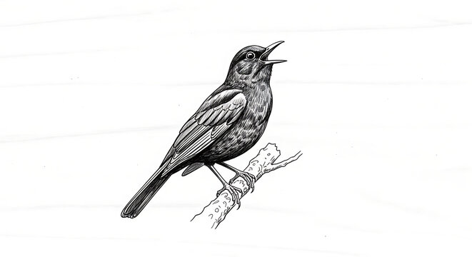 Black and white illustration of a singing bird on a branch