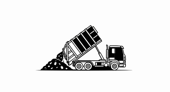 Black and white outline illustration of a dump truck unloading debris