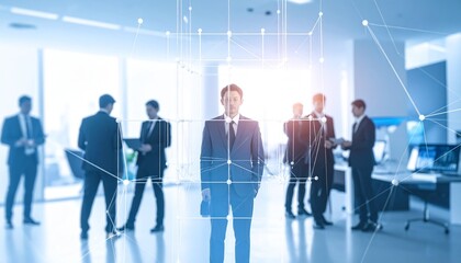 Abstract professional team connection background, floating geometric elements connecting in a grid, subtle depth of field, modern office technology mood, blue and silver palette,